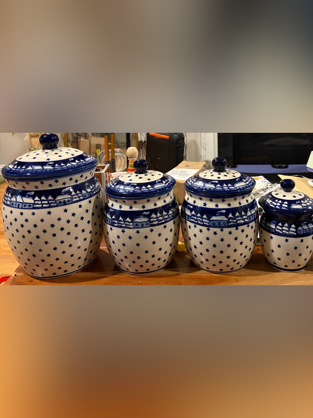 Blue/White Star Polish Stoneware Ceramic Canisters set Winters Eve vintage